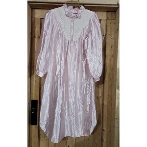 Vintage Sears Cachet Pink Satin Nightgown Womens Small Lace Long Sleeve Ruffle